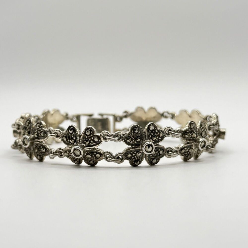 925 Sterling Silver Four Leaf Clover Marcasite Bracelet 7” Floral Link Design
